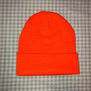 Bright orange beanie, ski knit hat, hunting cap
